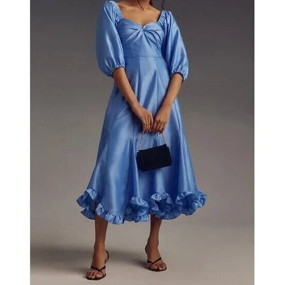 Hutch Printed Twist-front Puff-sleeve Ruffle-hem Midi Dress Blue S